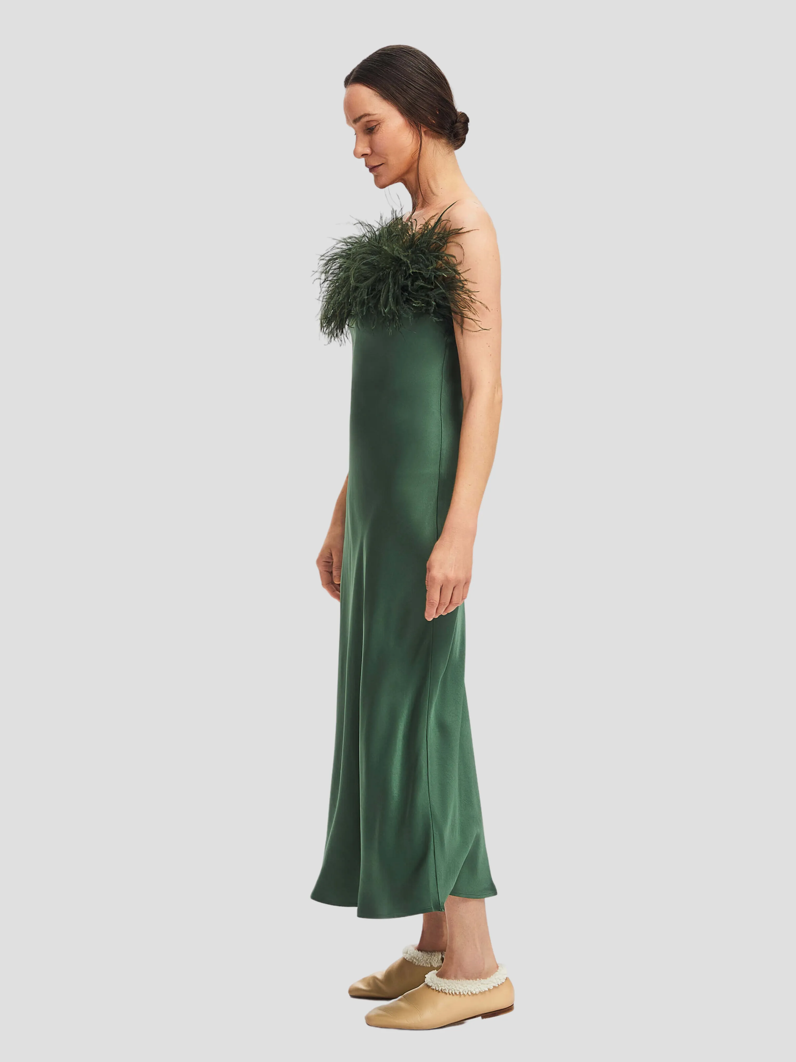 Green Boheme Feather-trimmed Satin Maxi Dress