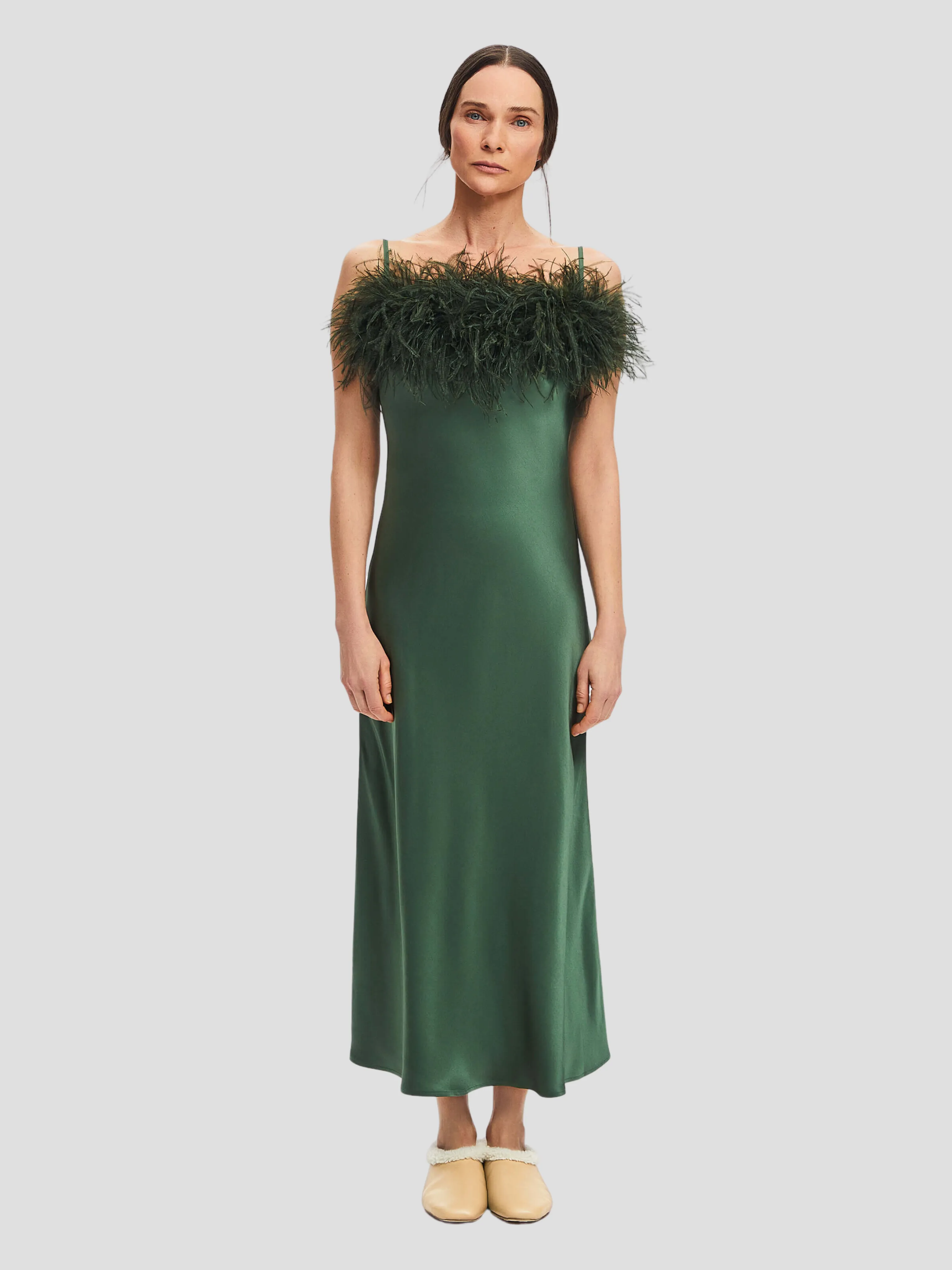 Green Boheme Feather-trimmed Satin Maxi Dress