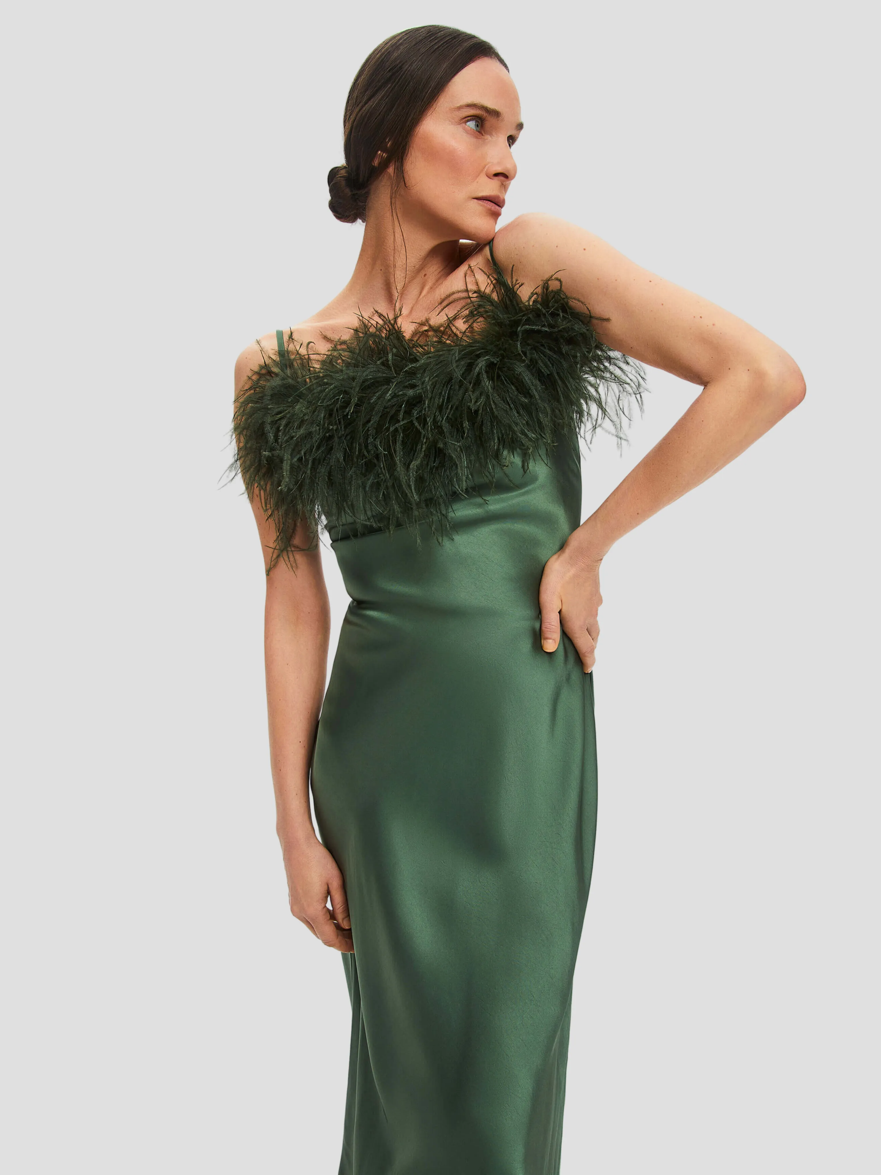 Green Boheme Feather-trimmed Satin Maxi Dress