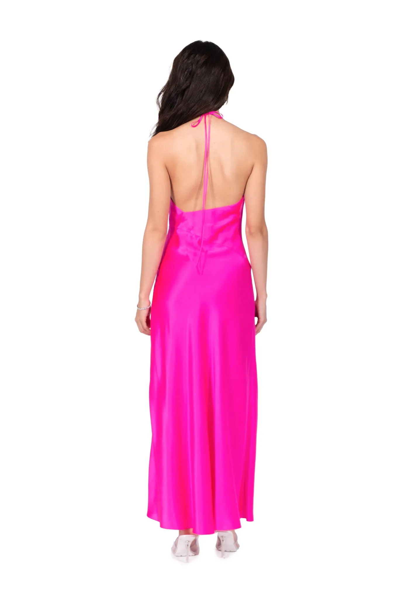 Hot Fuchsia High Slit Deep V Halter Maxi