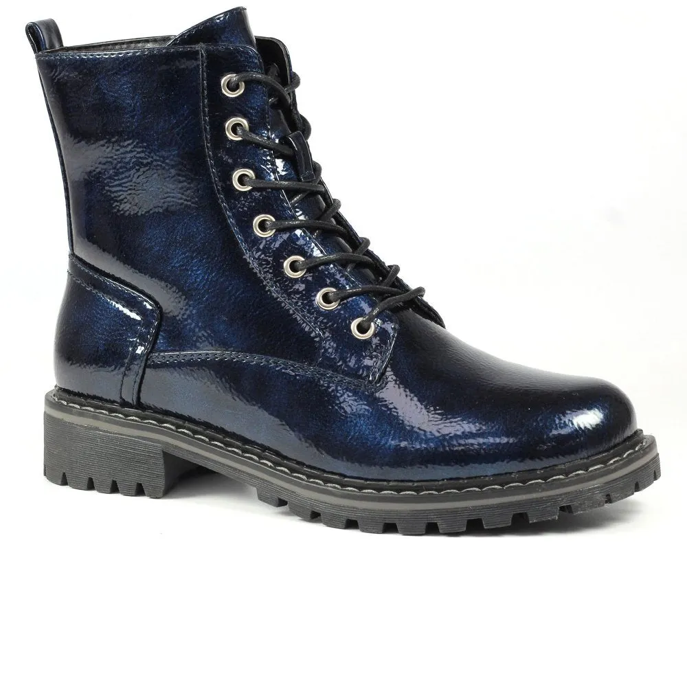 Ladies Lunar Boots Navy Patent Laced Military Style Narla Inside Zip sale