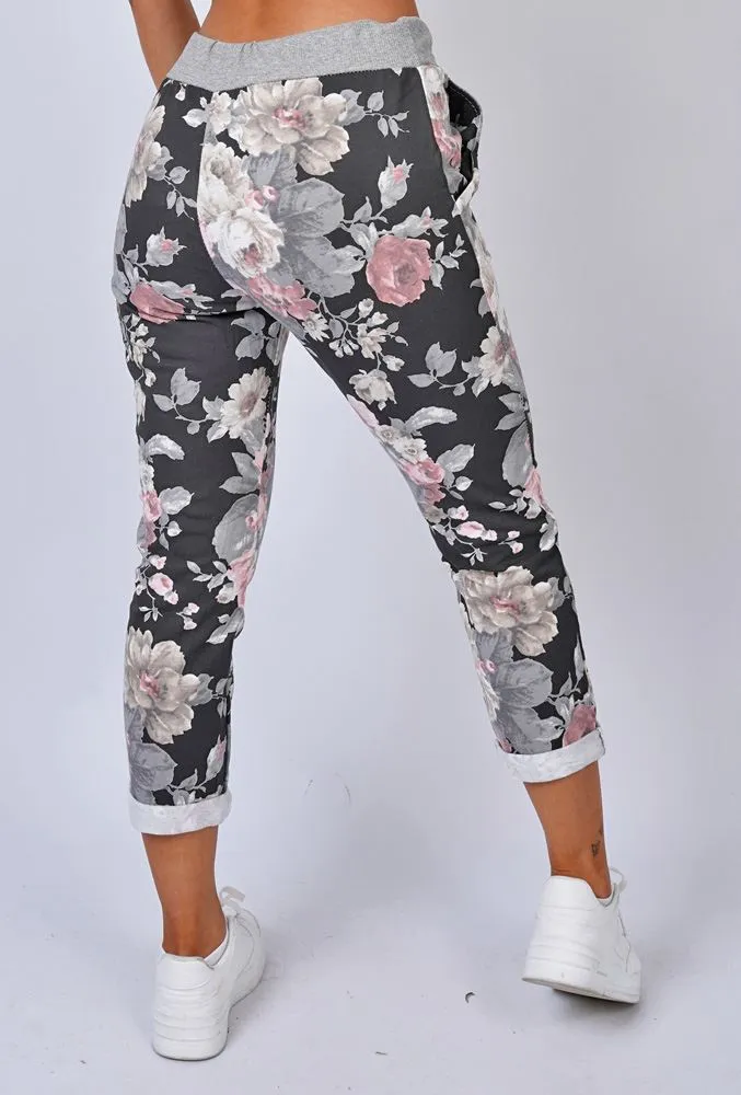 Multi Rose Flower Print Drawstring Cotton Trousers