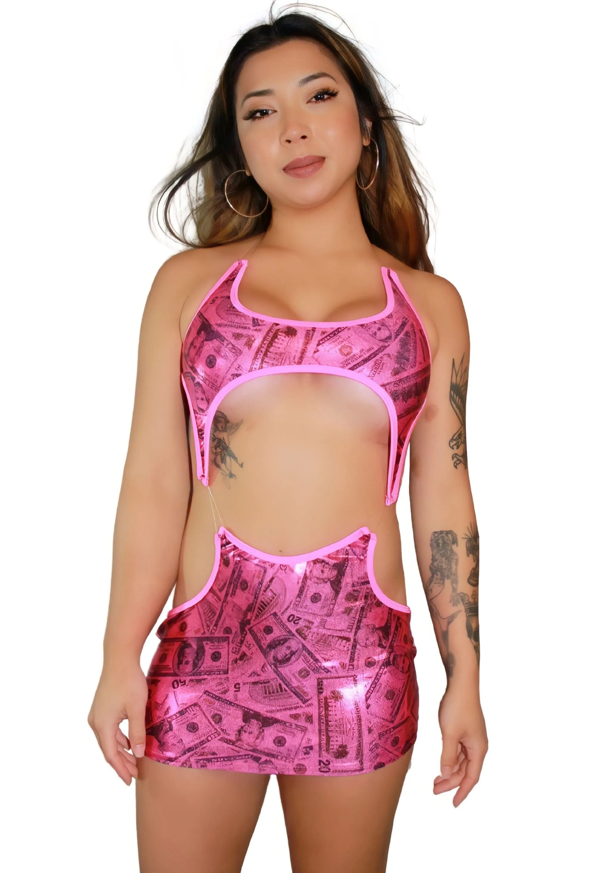 Neon Pink Money Print Mini Dress.