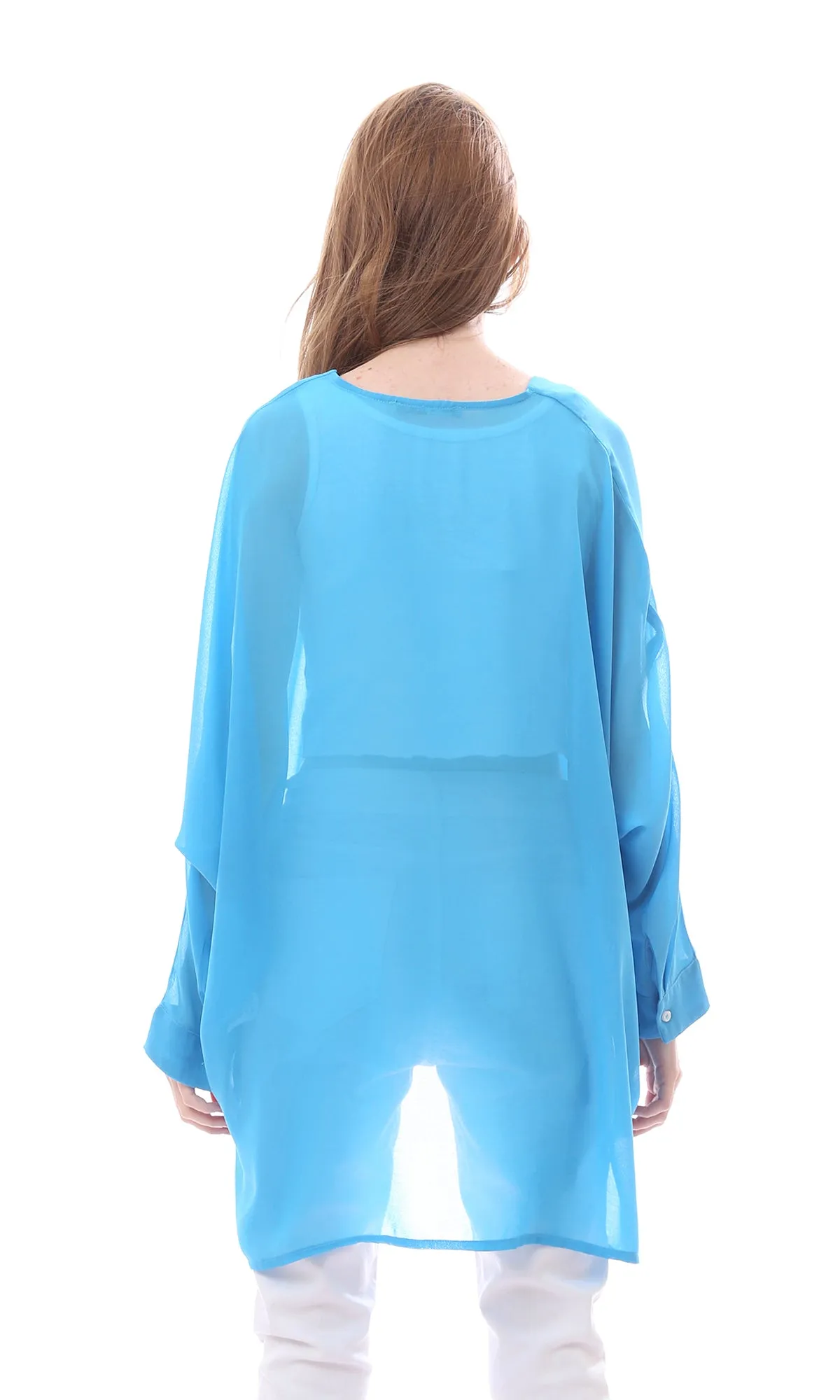 O165919 Wide V-Neck Solid Chiffon Turquoise Blouse