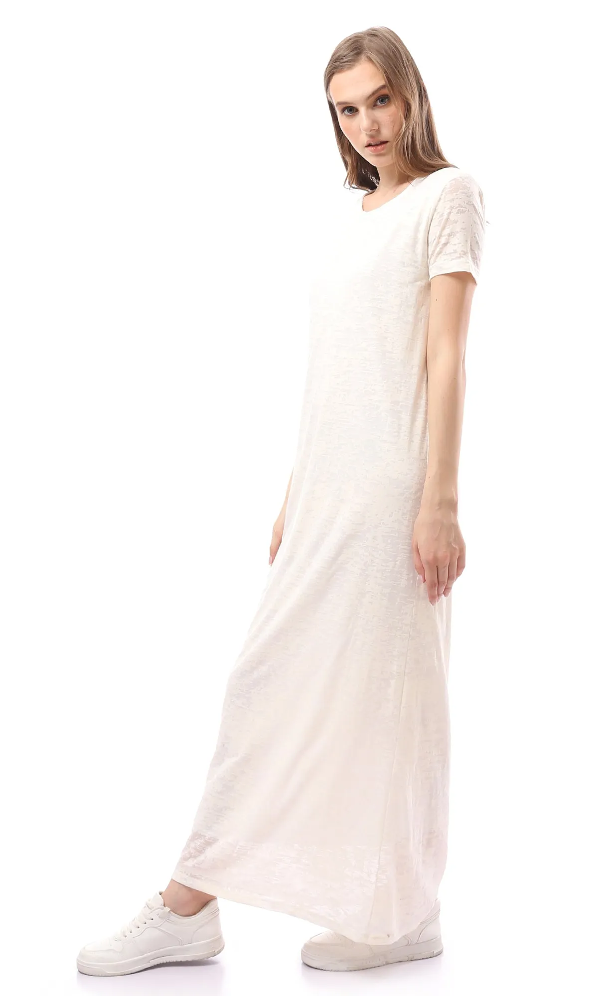 O171223 Heather Off-White Shor Sleeves Cotton Maxi Dress