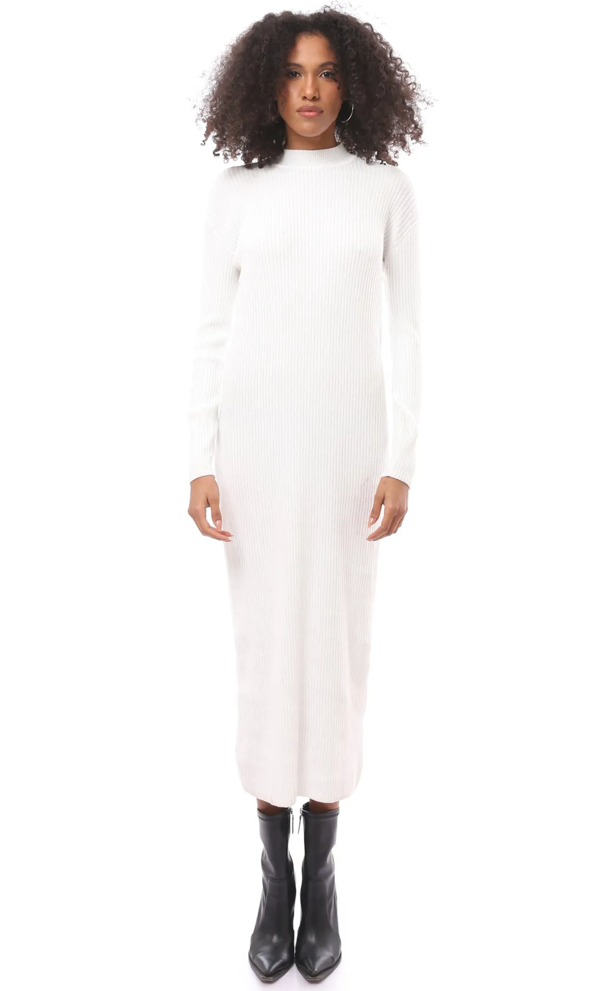 O172552 Mock Neck White Slip On Midi-Dress