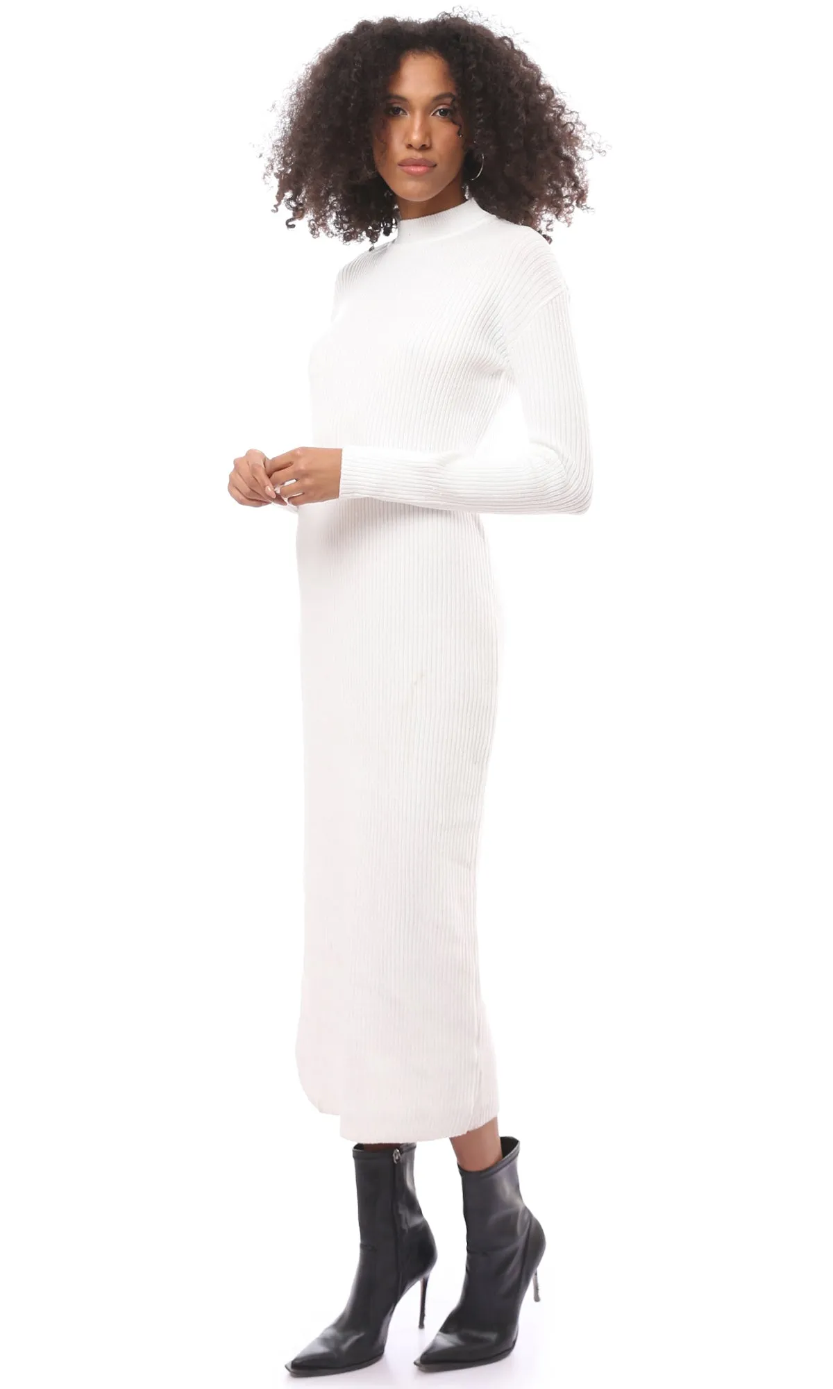 O172552 Mock Neck White Slip On Midi-Dress