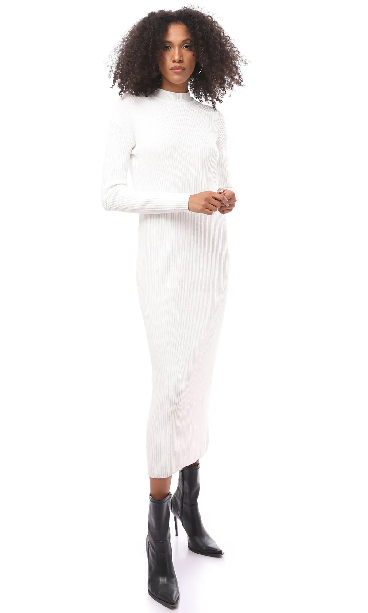 O172552 Mock Neck White Slip On Midi-Dress