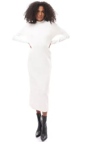 O172552 Mock Neck White Slip On Midi-Dress