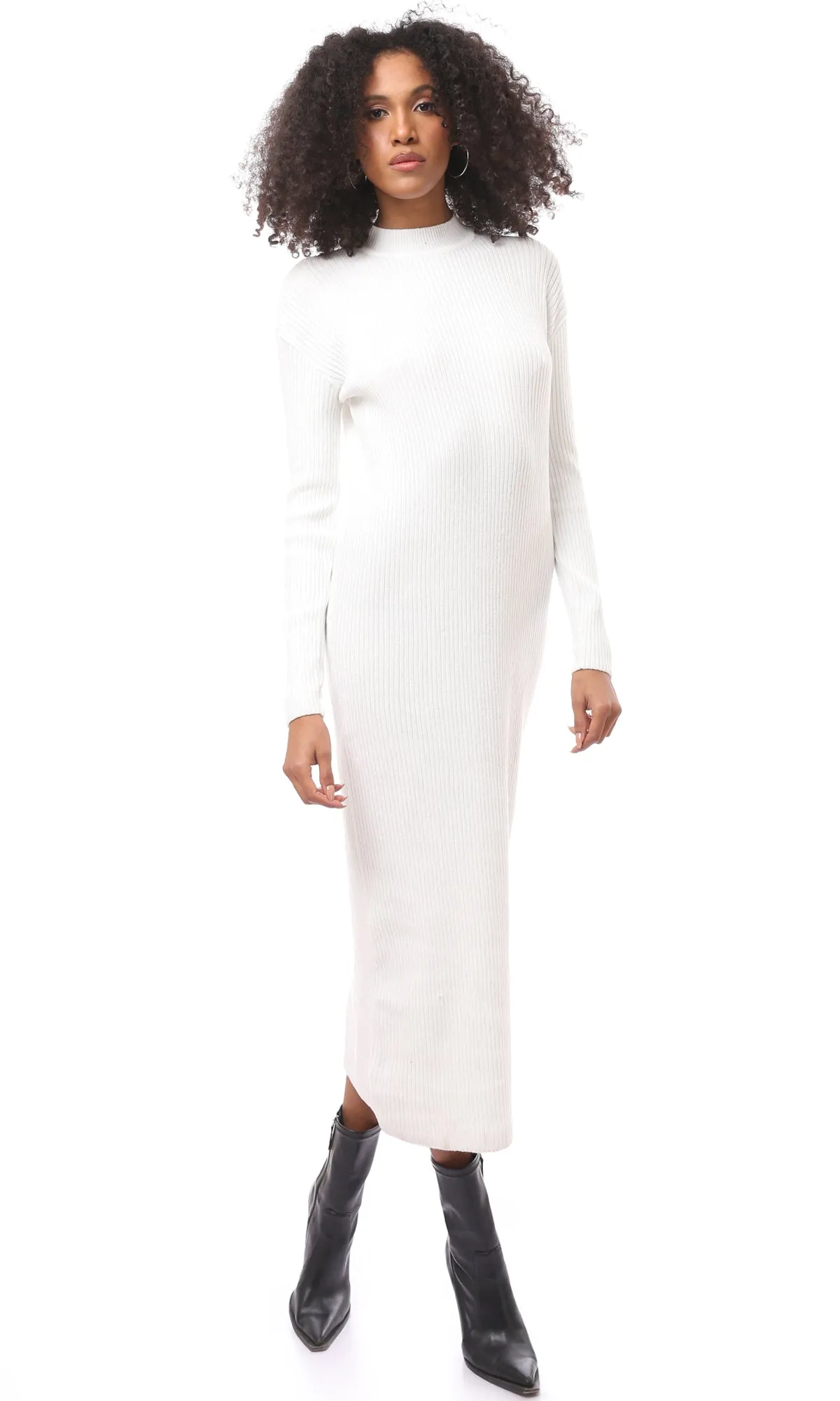 O172552 Mock Neck White Slip On Midi-Dress