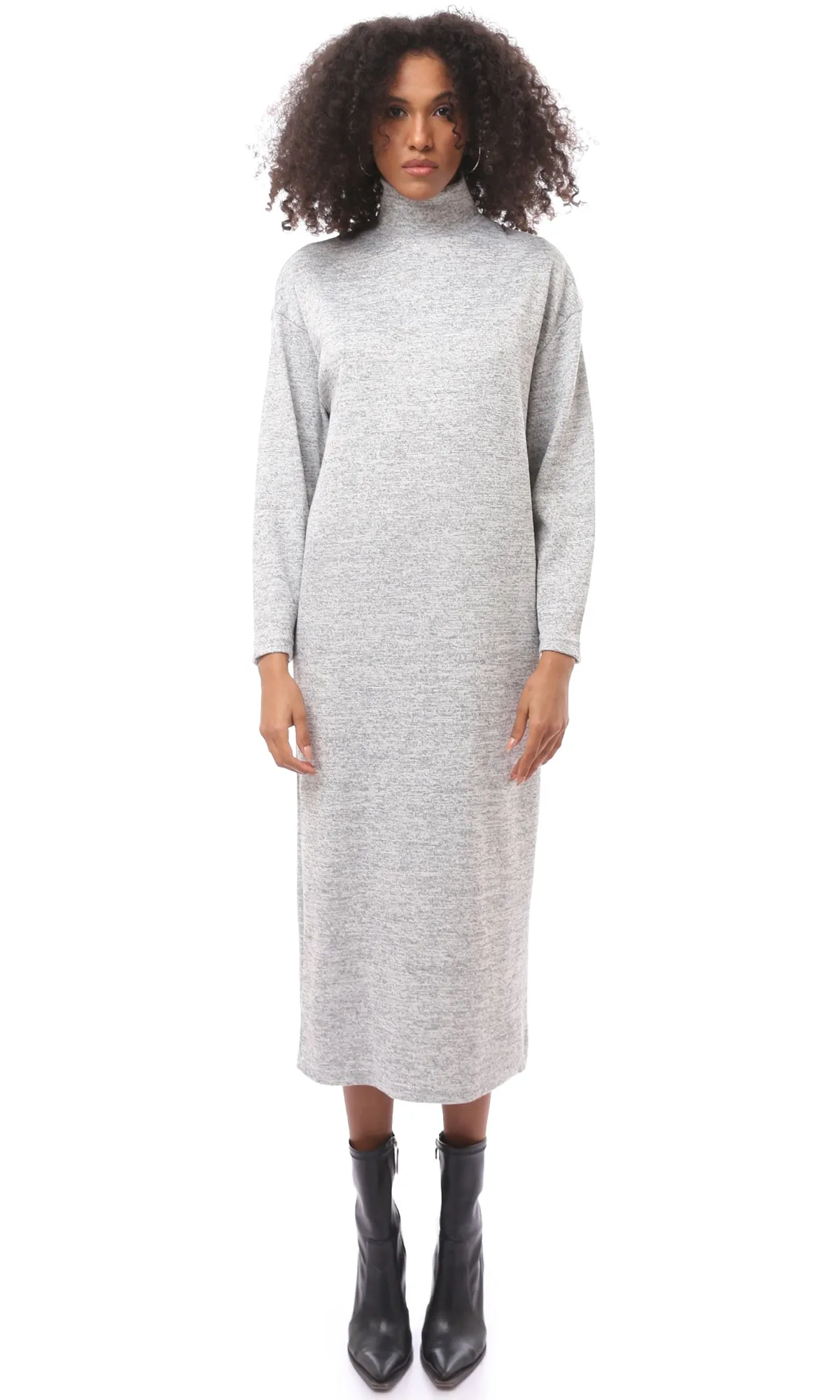 O173051 High-Neck Winter Heather Light Grey Midi-Dress