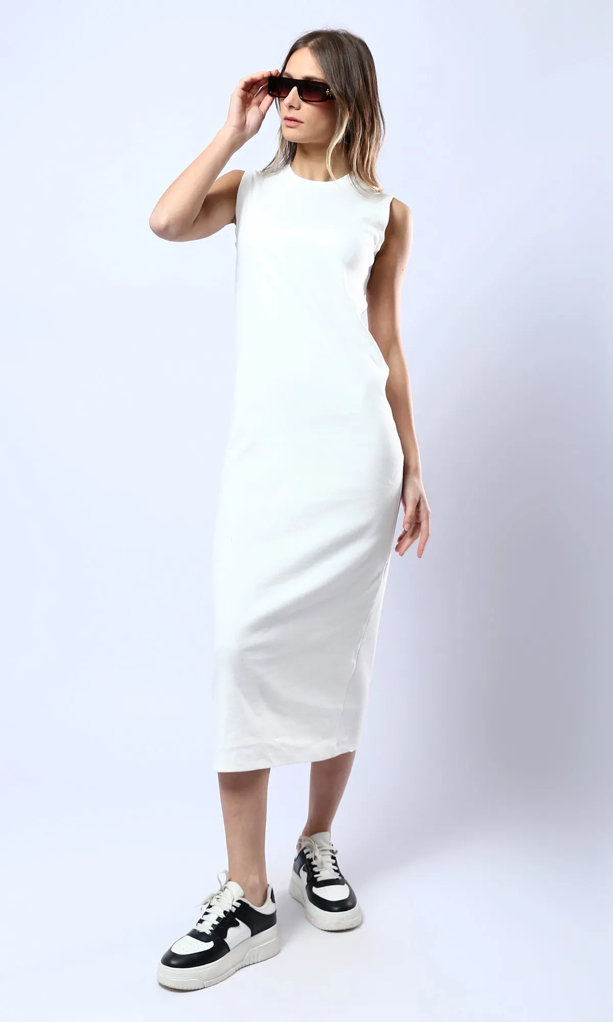 O182018 Slip On Casual Off-White Midi Dress