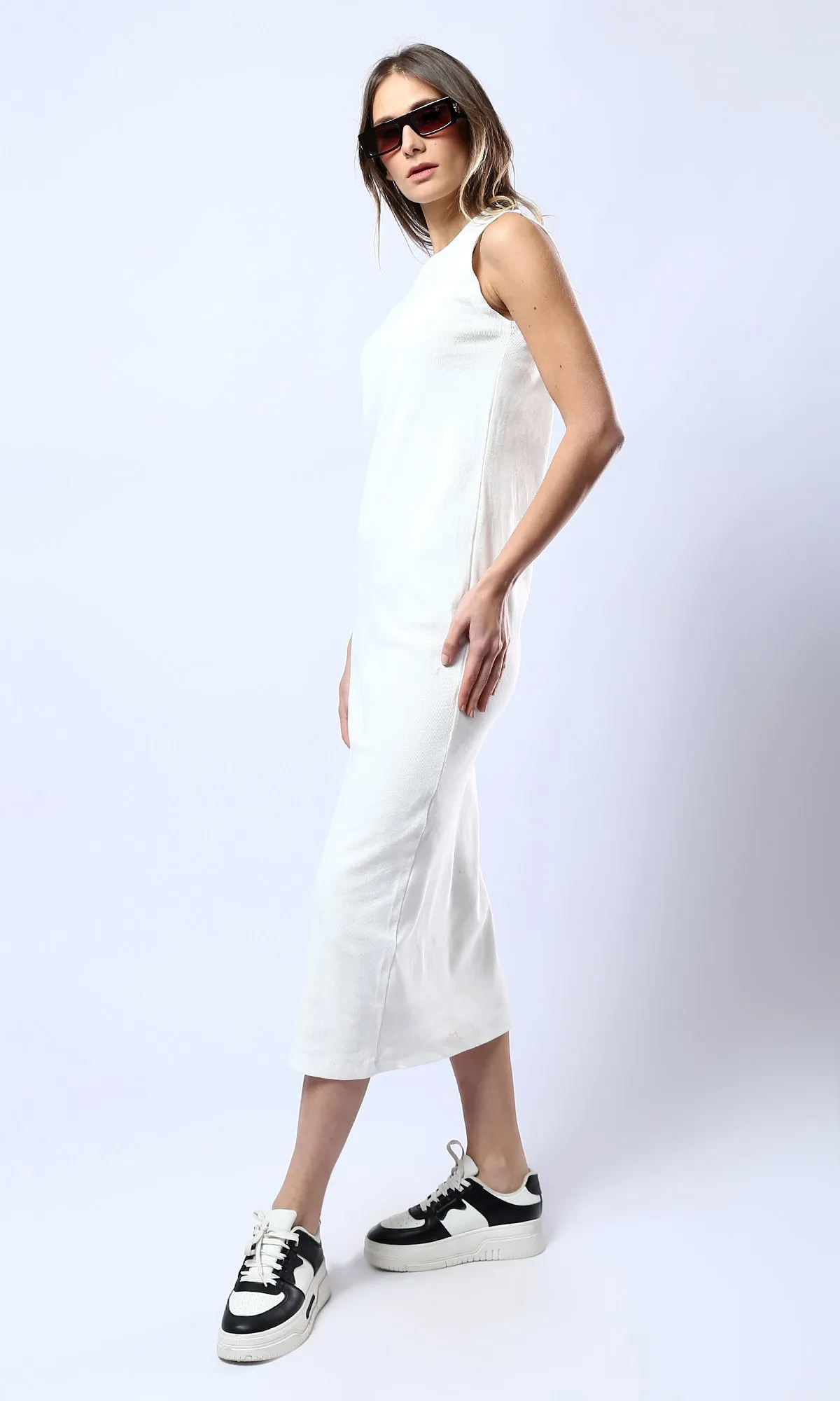 O182018 Slip On Casual Off-White Midi Dress