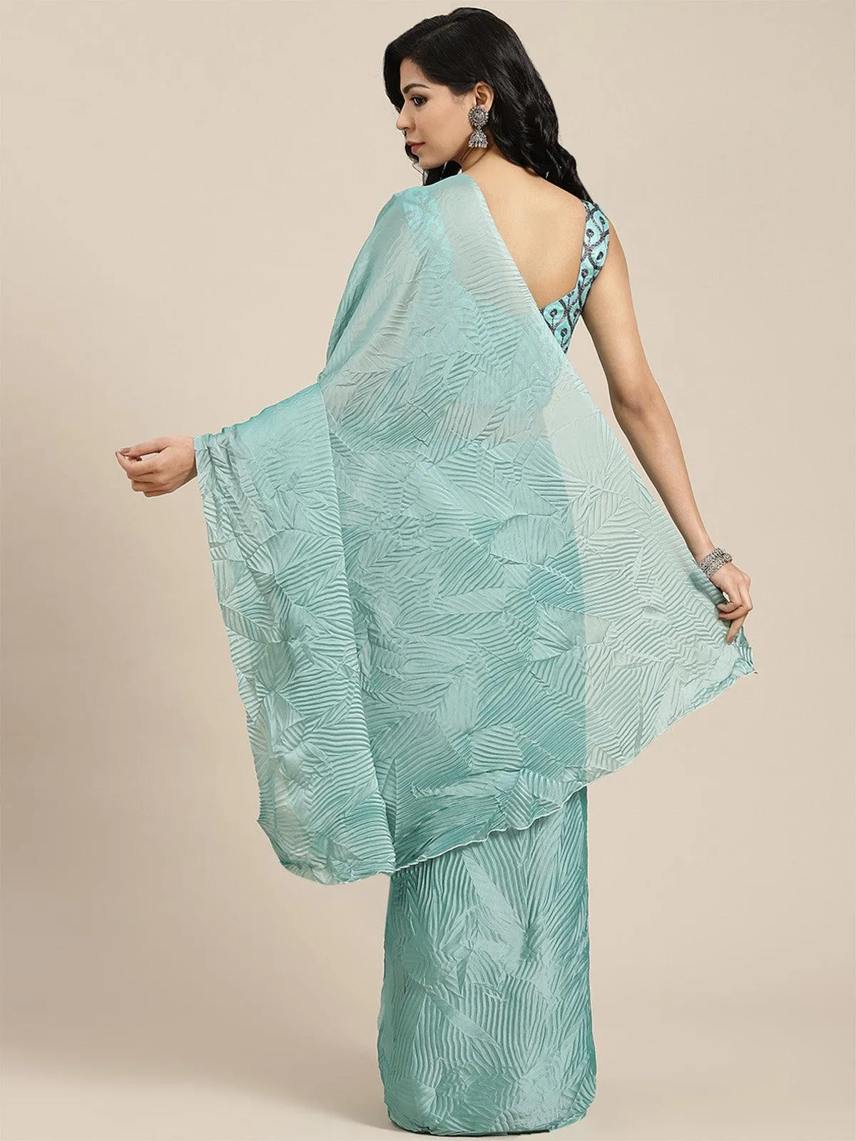 Odette Women Georgette Teal Blue Solid Belted Sarees With Blouse Piece