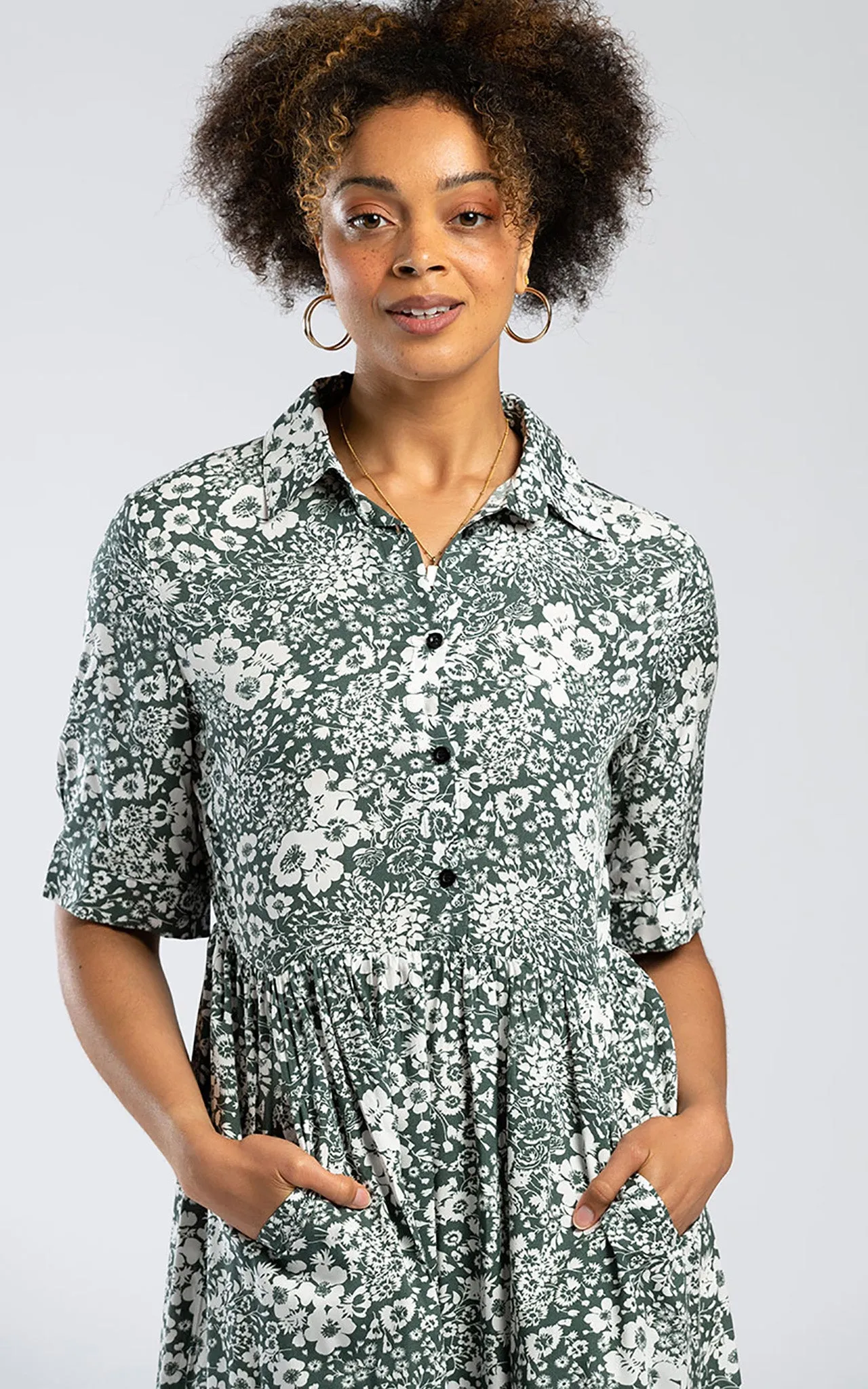 Pentlebay Clothing Midi Shirt Dress In Sage Green Floral