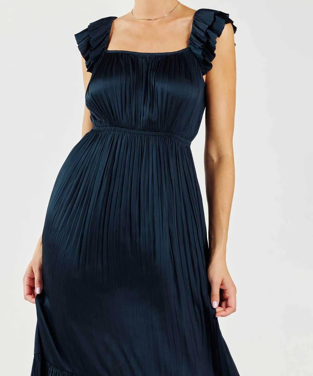 Pleated Square Neck Dress - Navy