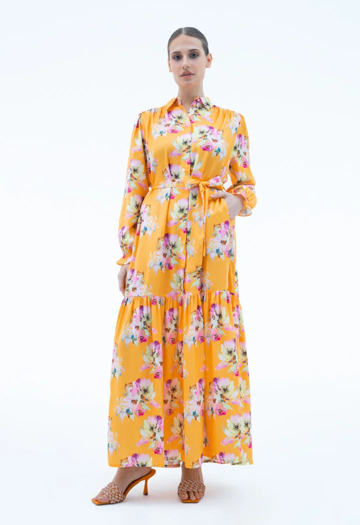 Printed Maxi Dress With Self Fabric Belt