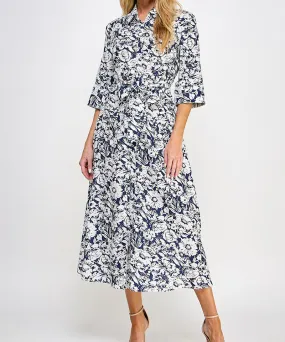 Printed Shirt Dress - Navy/White