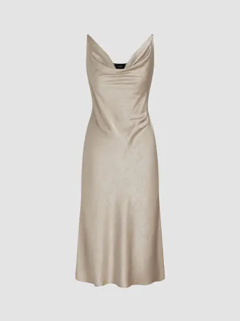 Satin cowl neck texture solid midi dress in nude