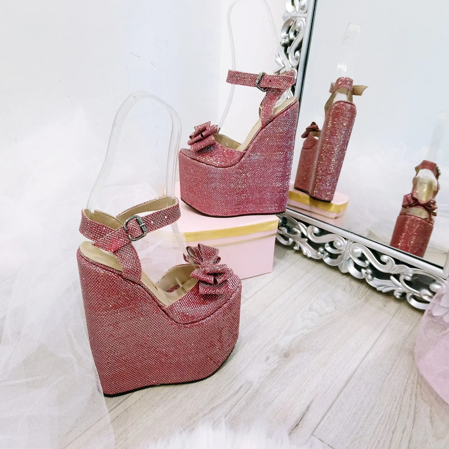 Shiny Claret Red Ribbon Peep Toe Wedge Shoes