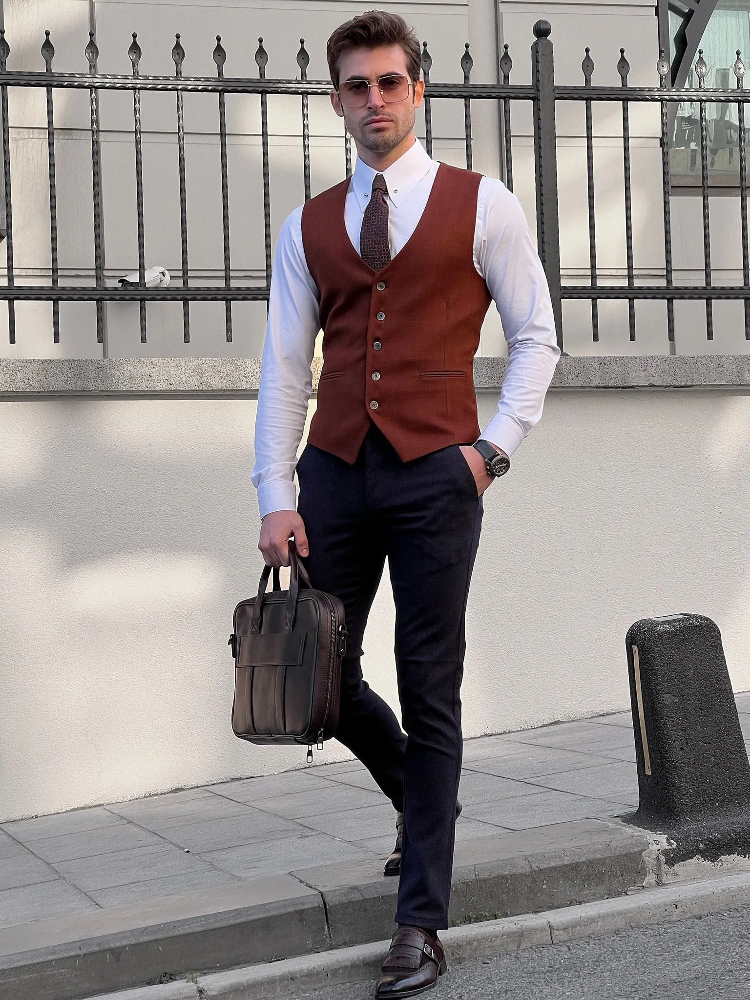 Slim Fit Wool Tile Brown Men’s Waistcoat