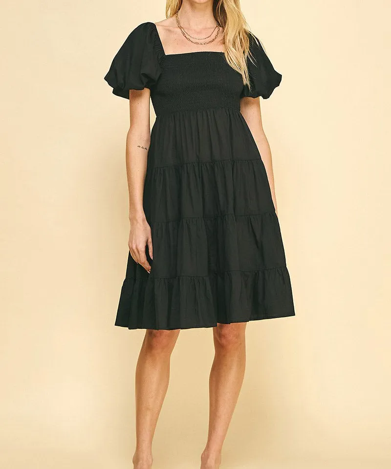 Smocked Bodice Midi Dress - Black