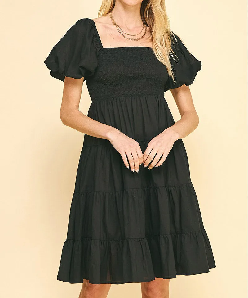 Smocked Bodice Midi Dress - Black