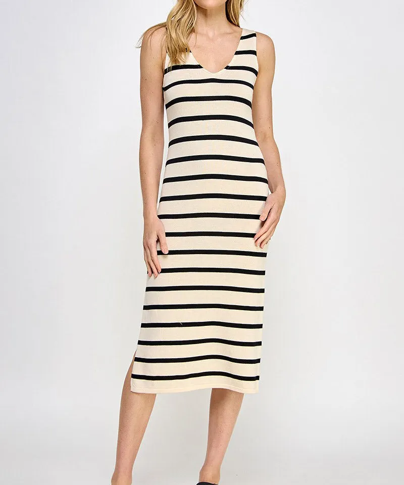 Stripe V-Neck Midi Dress - Cream/Black