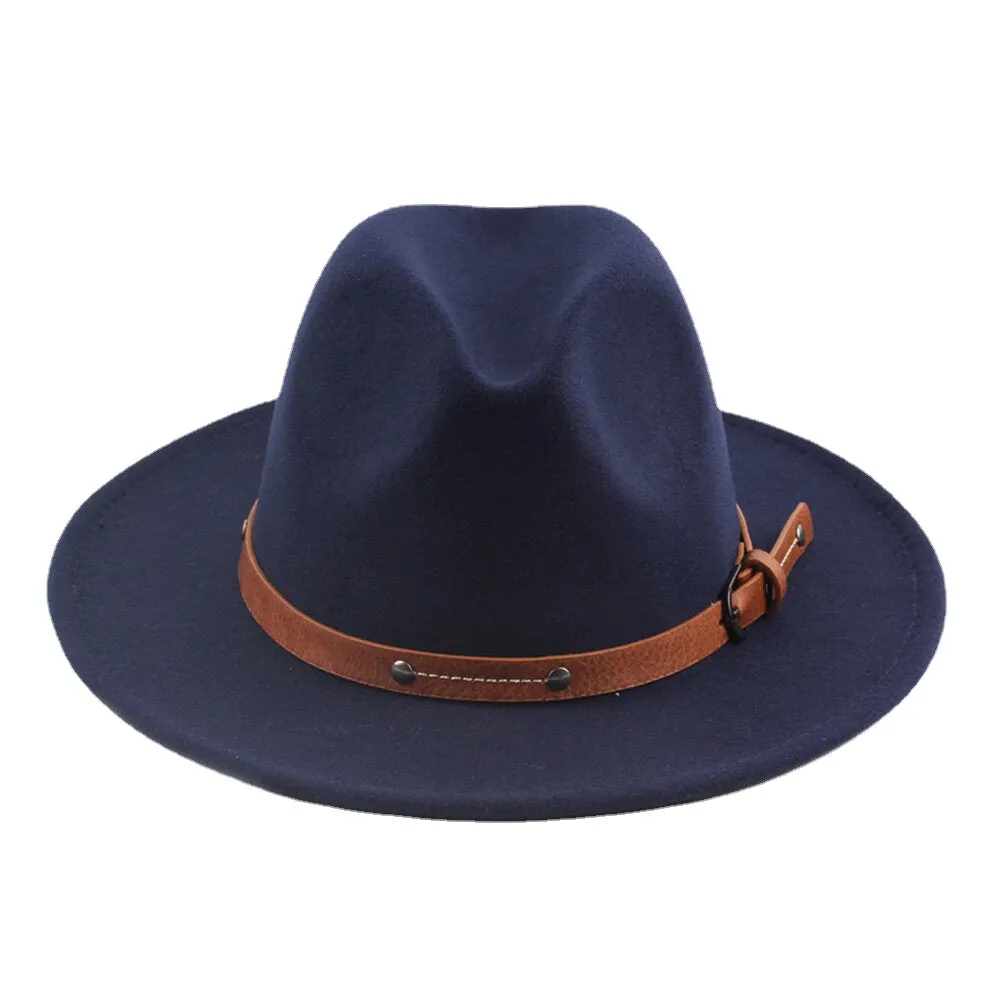 Unisex British Style Leather Belt Buckle Flat Brim Top Hat Fashion Outdoor Wide Brim Felt Hat