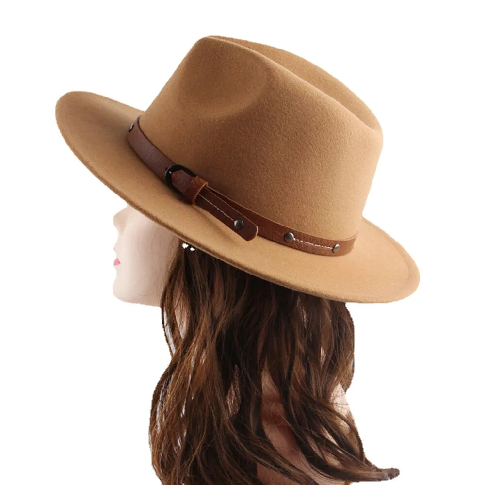 Unisex British Style Leather Belt Buckle Flat Brim Top Hat Fashion Outdoor Wide Brim Felt Hat