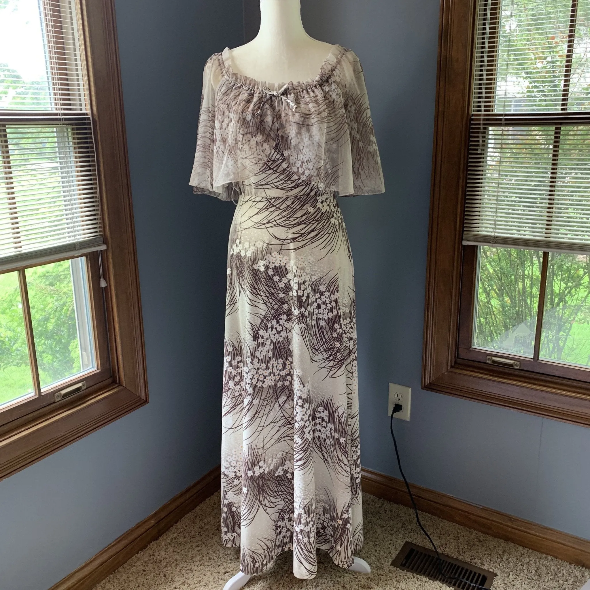 Vintage Maxi Dress with Floral Design and Chiffon Capelet. Perfect Summer to Fall Dress.