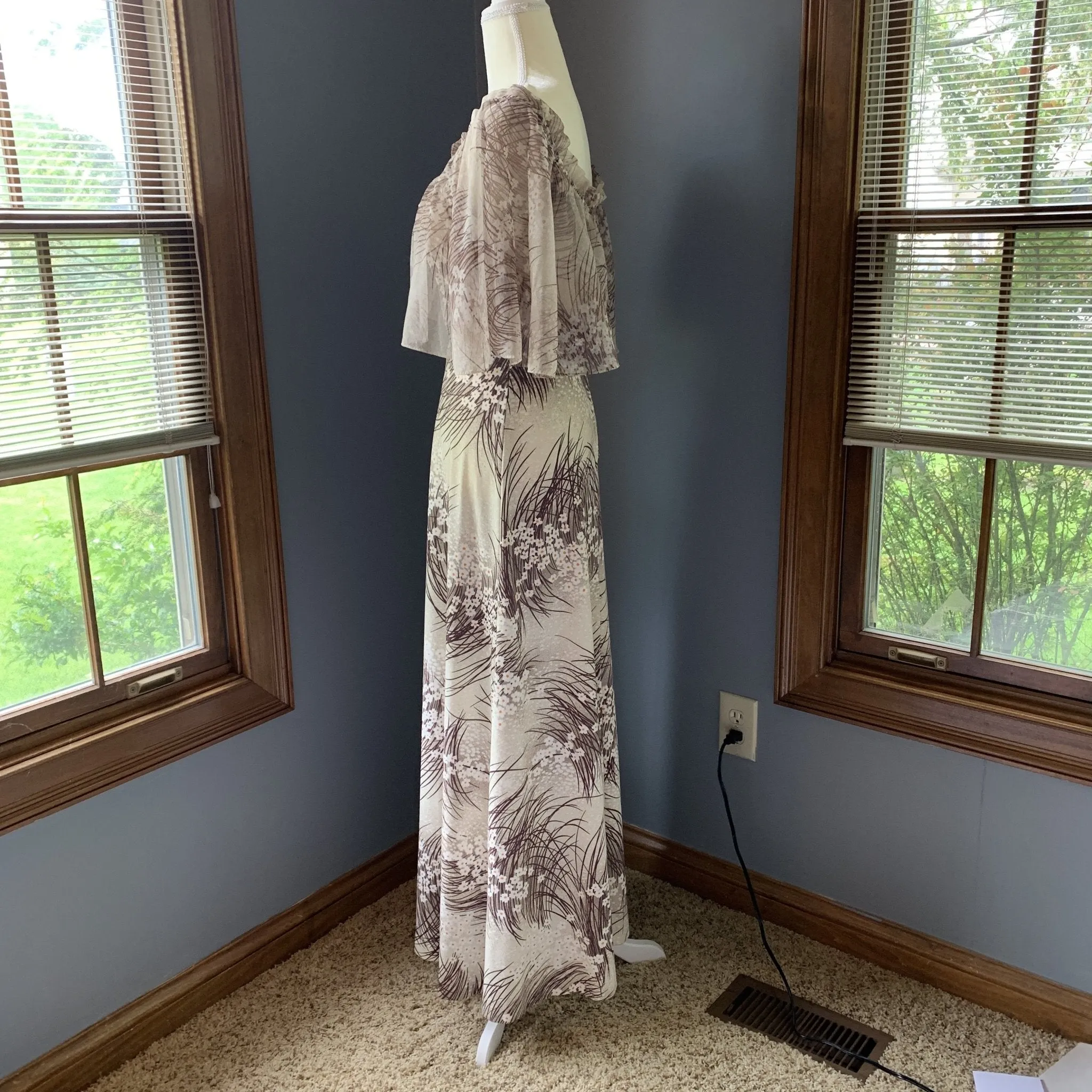 Vintage Maxi Dress with Floral Design and Chiffon Capelet. Perfect Summer to Fall Dress.