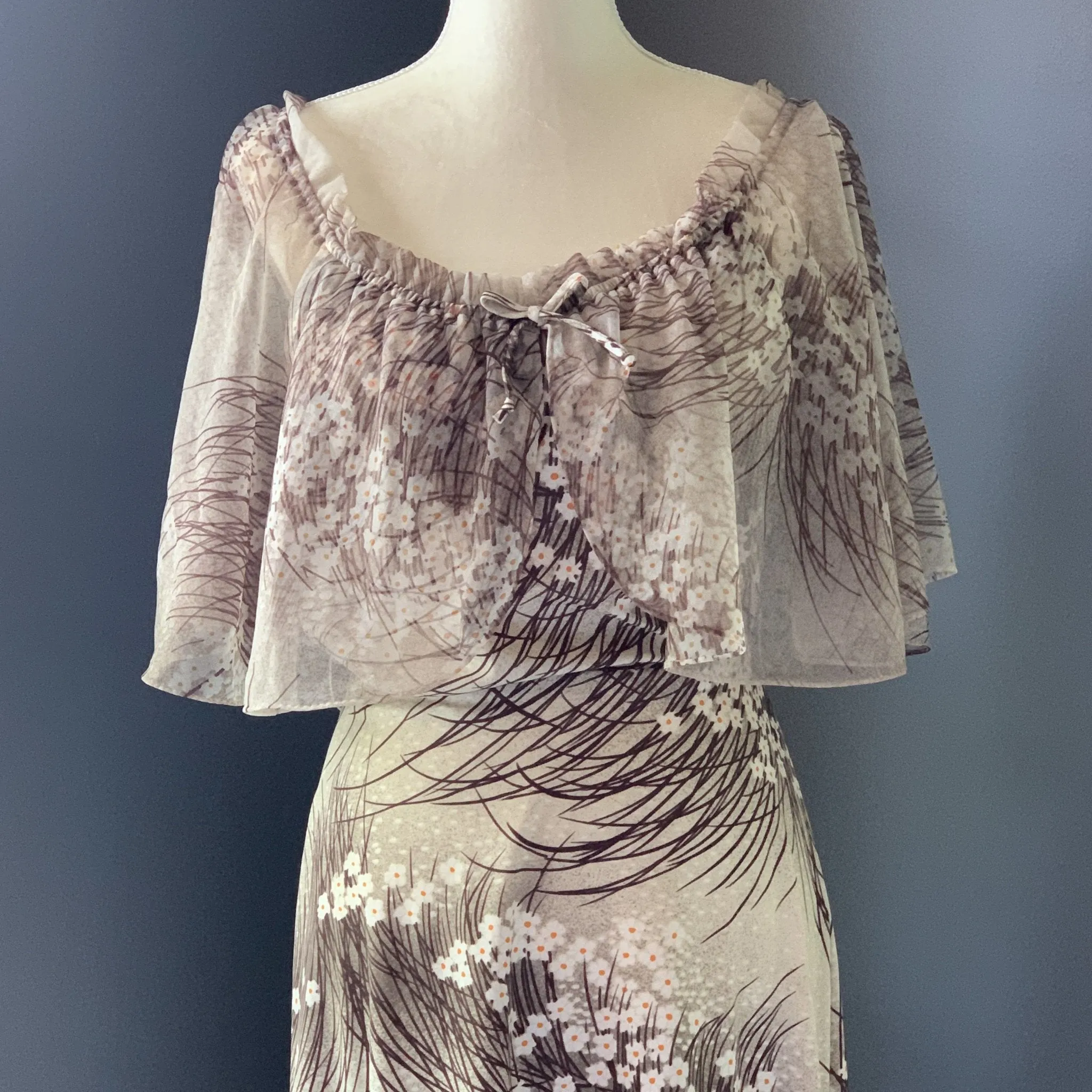 Vintage Maxi Dress with Floral Design and Chiffon Capelet. Perfect Summer to Fall Dress.