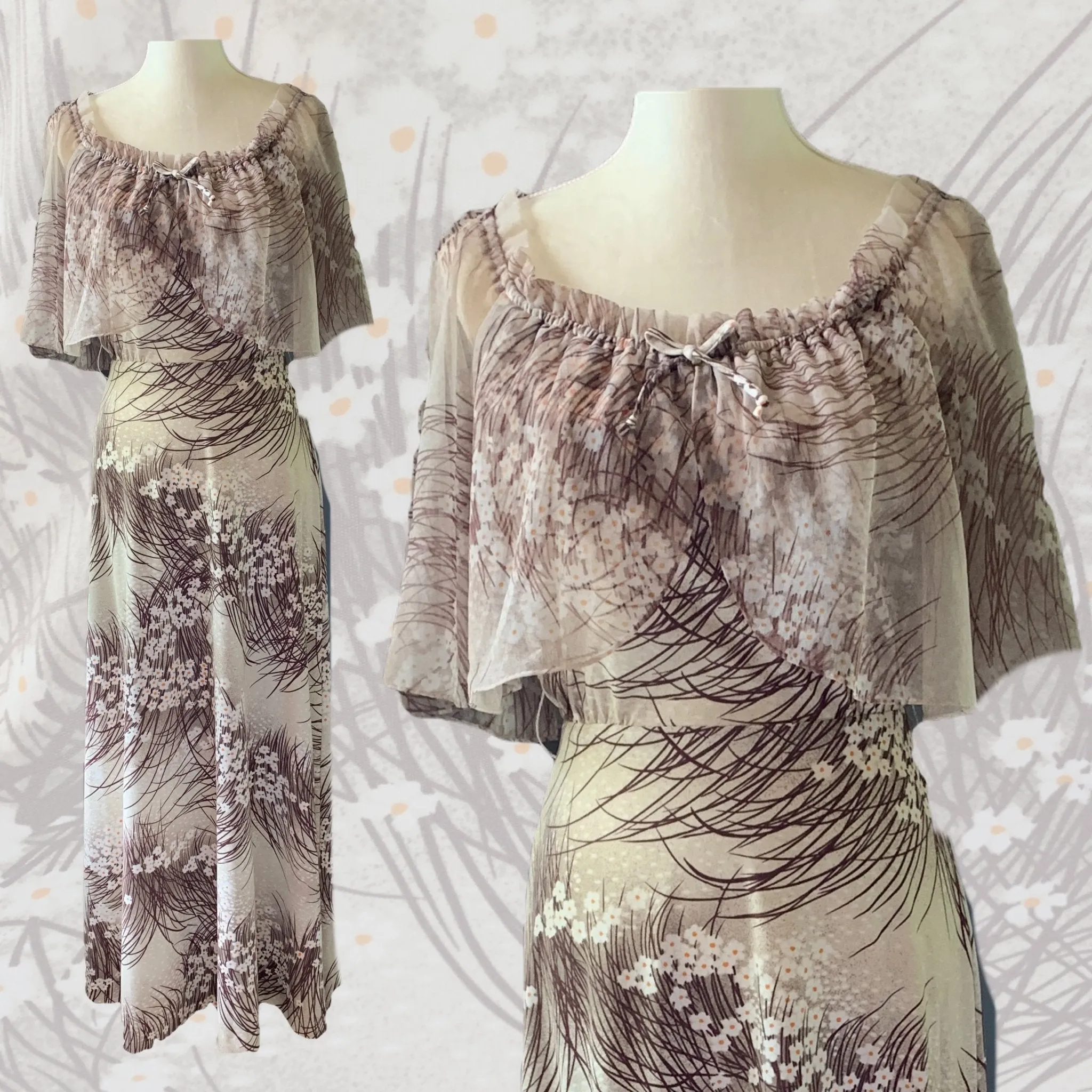 Vintage Maxi Dress with Floral Design and Chiffon Capelet. Perfect Summer to Fall Dress.