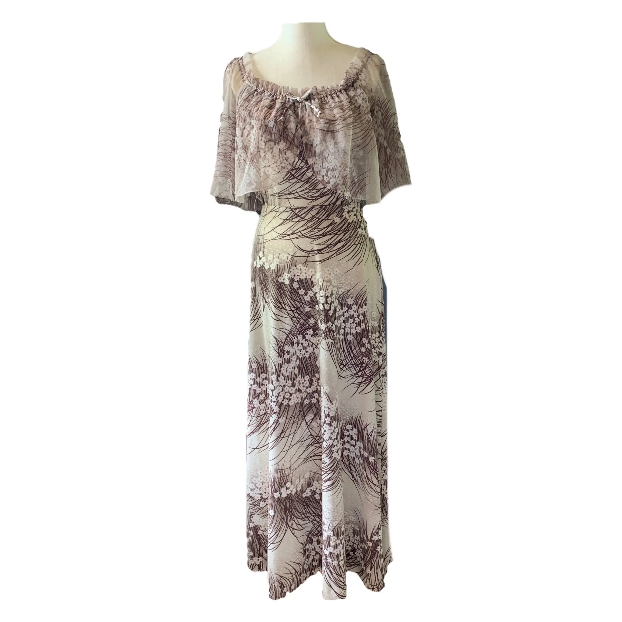 Vintage Maxi Dress with Floral Design and Chiffon Capelet. Perfect Summer to Fall Dress.