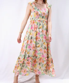 Watercolor Floral Midi Dress - Ivory Multi