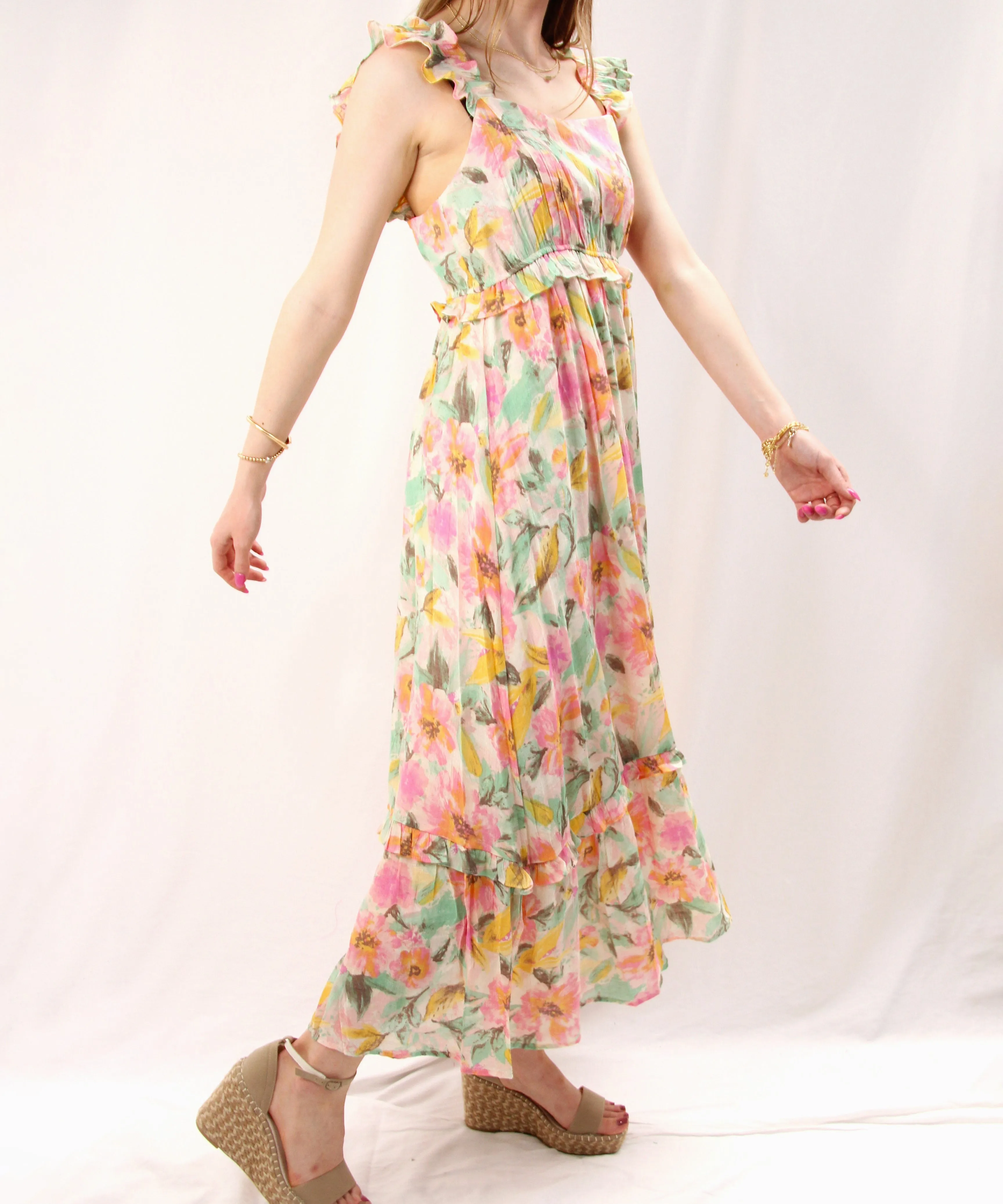 Watercolor Floral Midi Dress - Ivory Multi