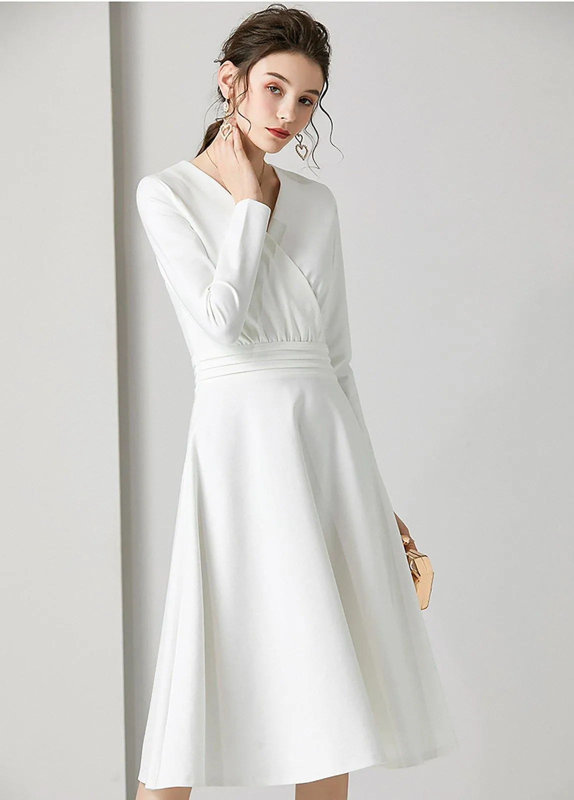 White V-Neck Long Sleeve Fit & Flare Midi Dress