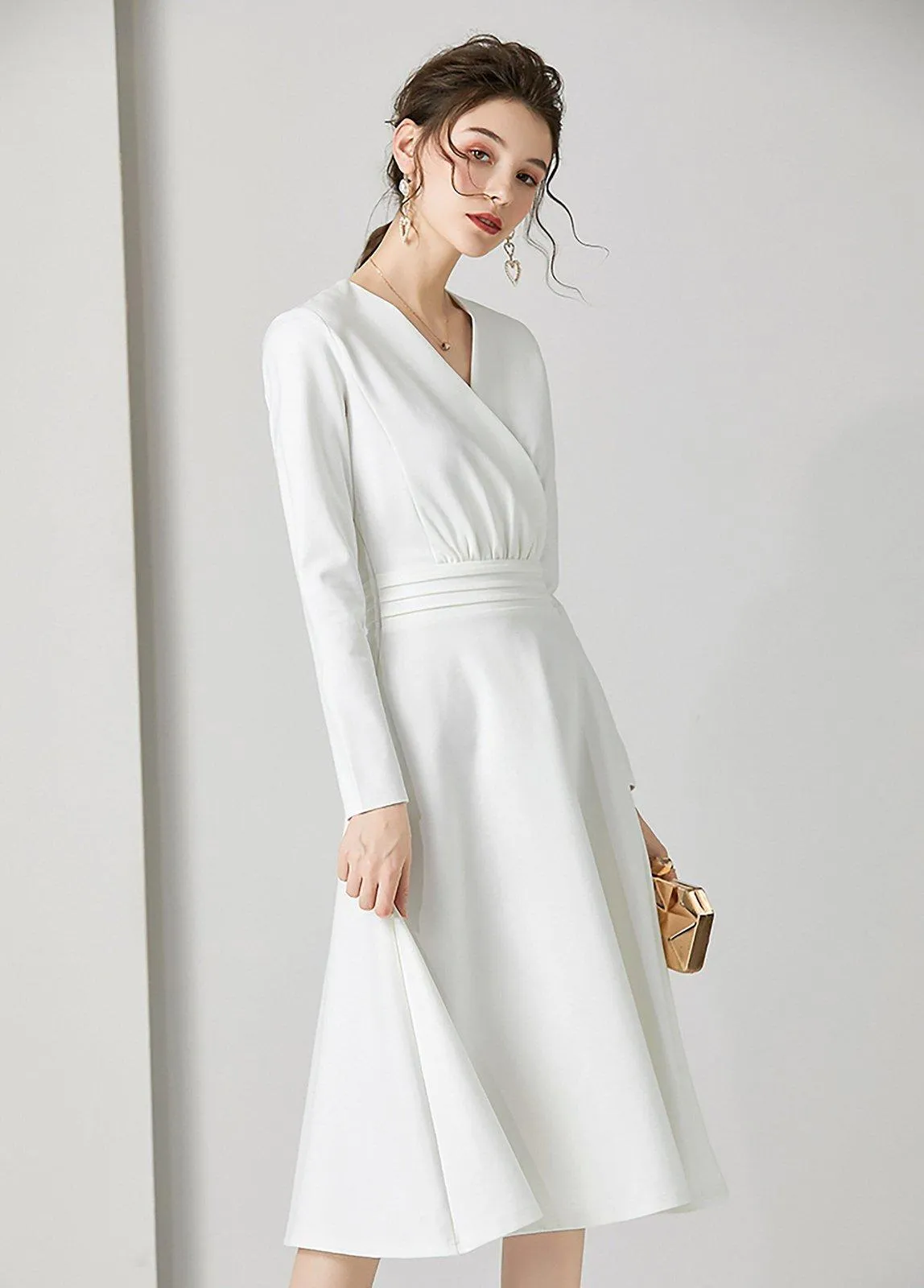 White V-Neck Long Sleeve Fit & Flare Midi Dress