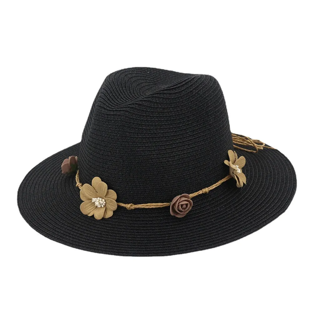 Women Sunscreen Travel Beach Sun Hat Flower Decoration Elegant Jazz Hat Straw Hat