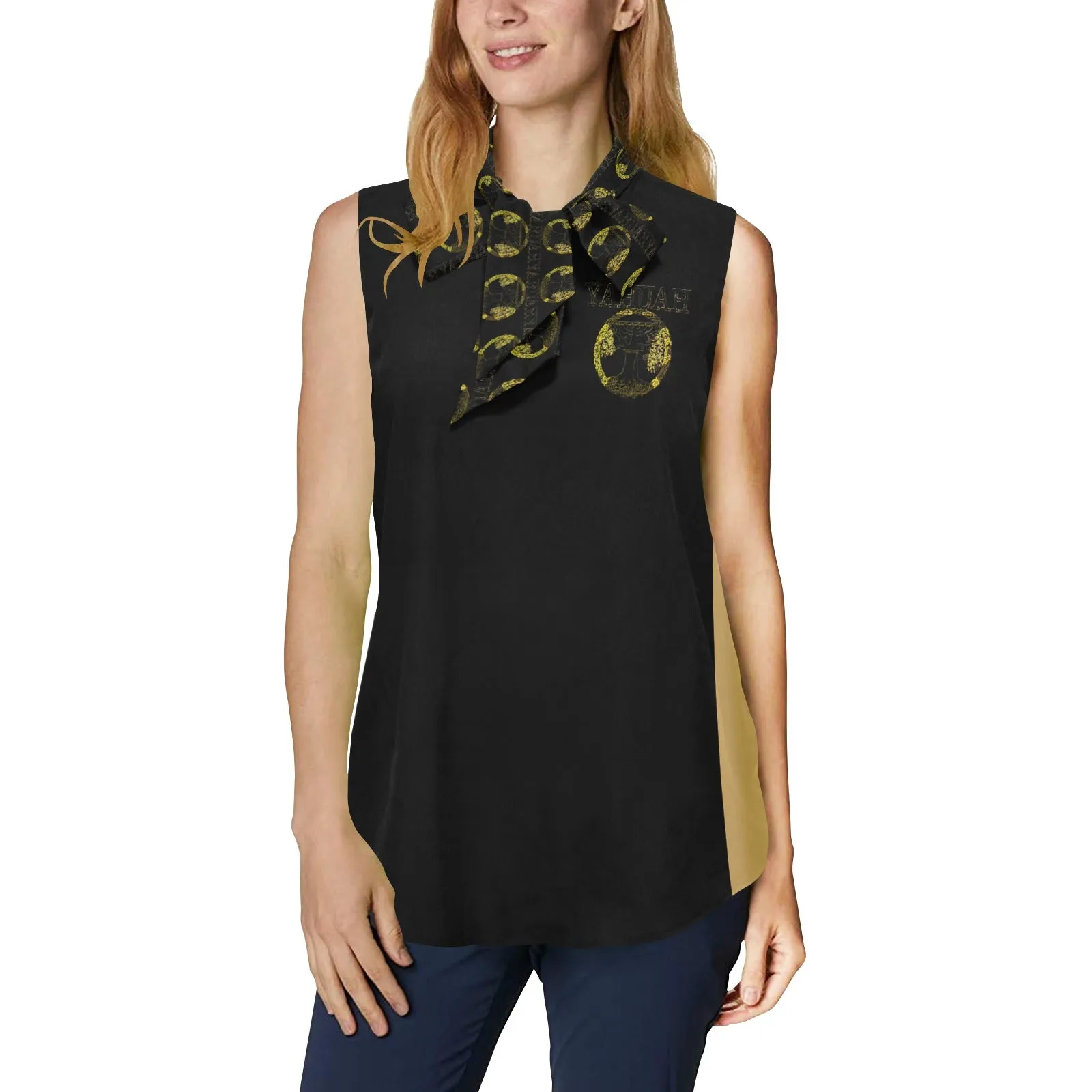 Yahuah Yahusha 04 Ladies Designer Bow Tie V-neck Sleeveless Blouse